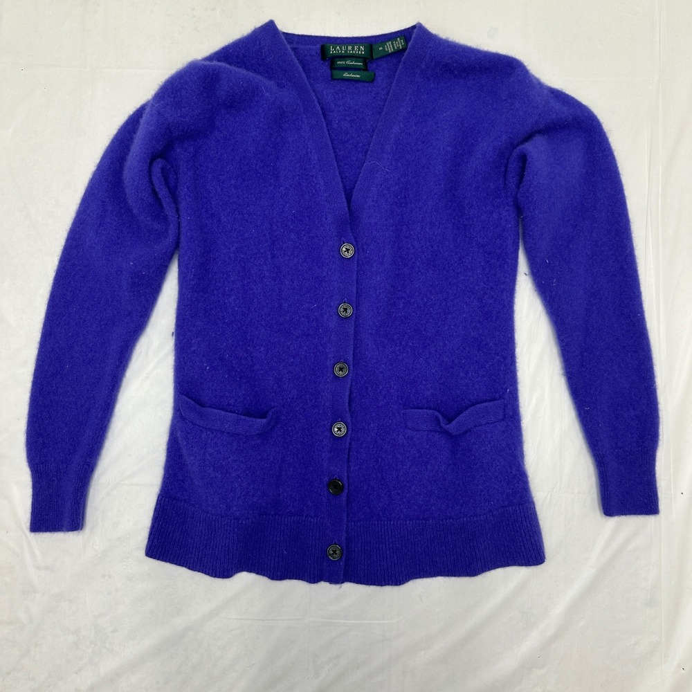 Lauren Ralph Lauren Cashmere Cardigan Sweater Womens XS Purple V Neck Pockets